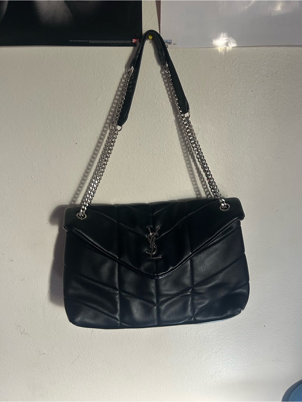 Saint Laurent Black Quilted Leather Shoulder Bag with Silver Chain
